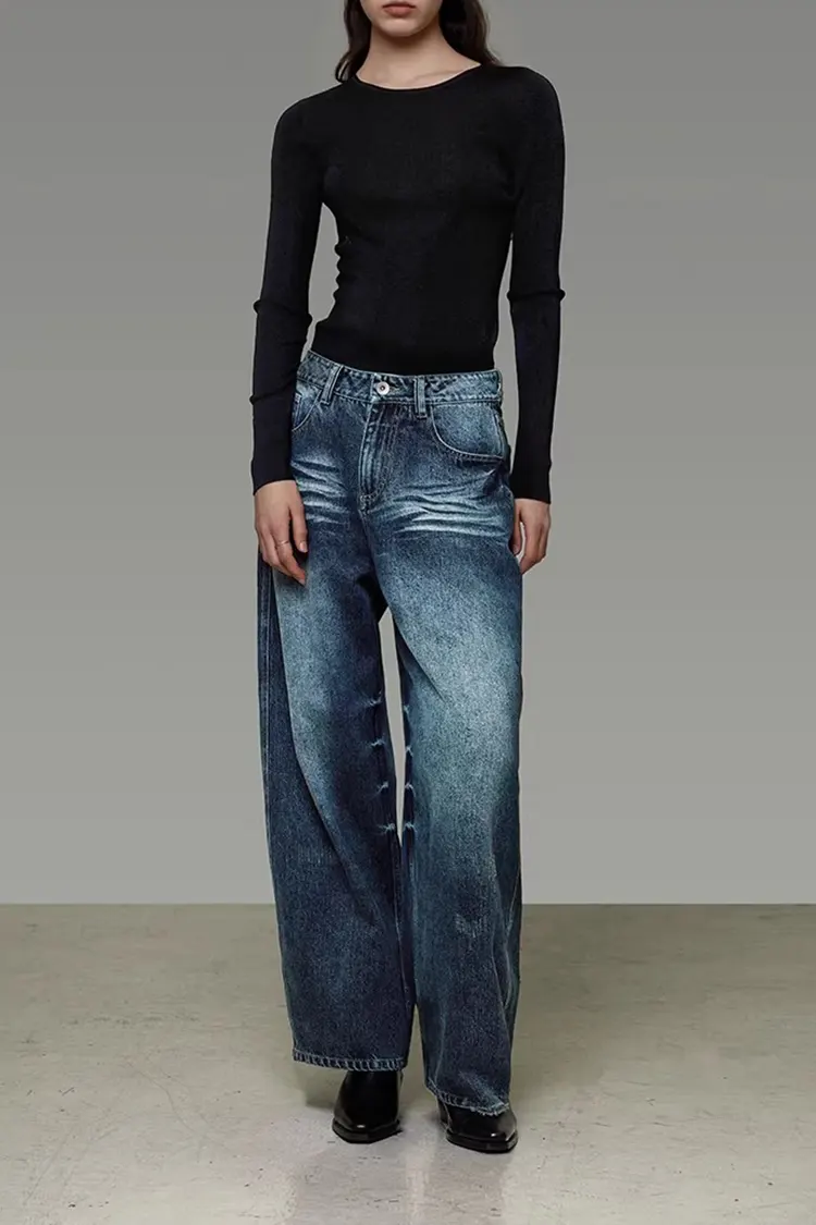 Women's Washed Denim Wide-Leg Pants