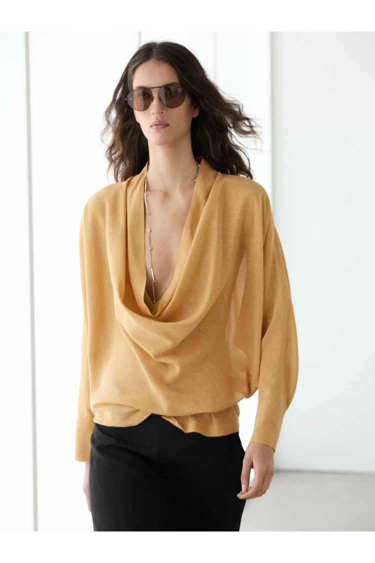 Blaus Lengan Panjang Leher Cowl-Leher Berbalut Linen Wanita